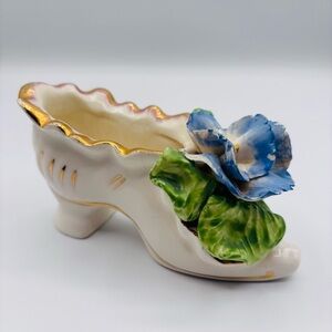 Elegant Ceramic Shoe with Blue and Green Floral Design